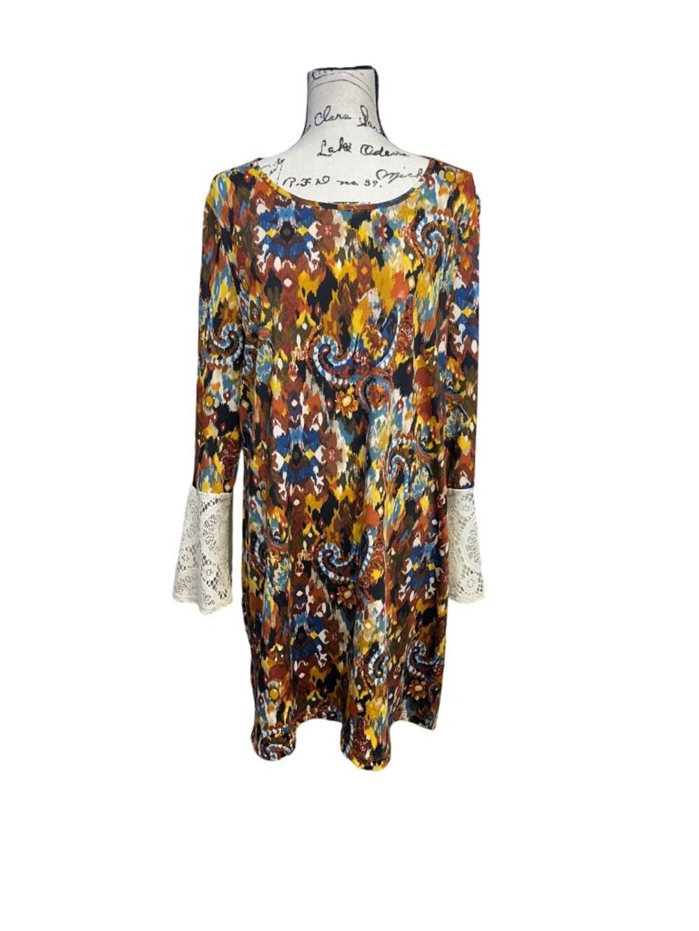 Tacera XL Multicolor Paisley Tunic Dress With Lace Bell Sleeves